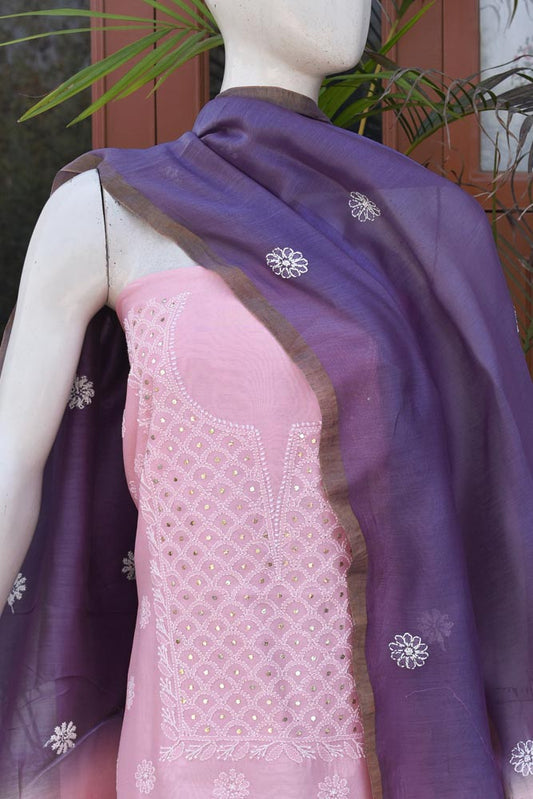 Elegant Chanderi  Kurta & Tie & Dye Dupatta Set with Chikankari Embroidery & Muqaish work