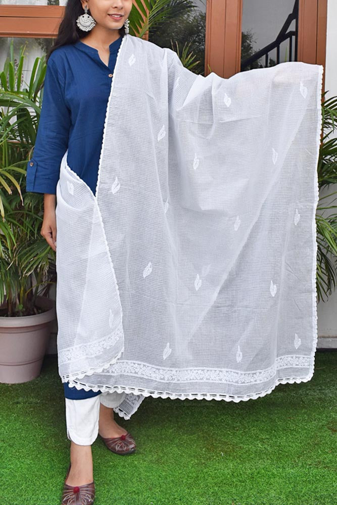 Handcrafted Kota Cotton Dupatta with Chikankari embroidery & crochet borders- base white color - Dyeable