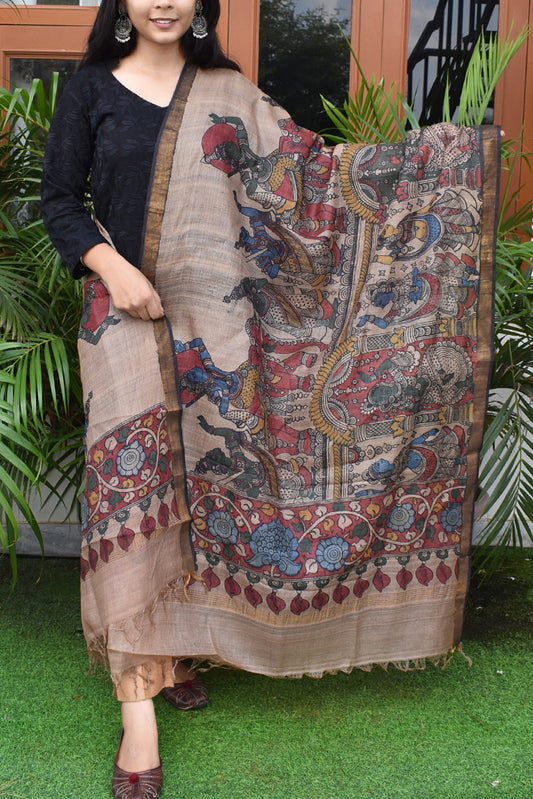 Earthy Hand Painted Kalamkari Desi Tussar Silk Dupatta