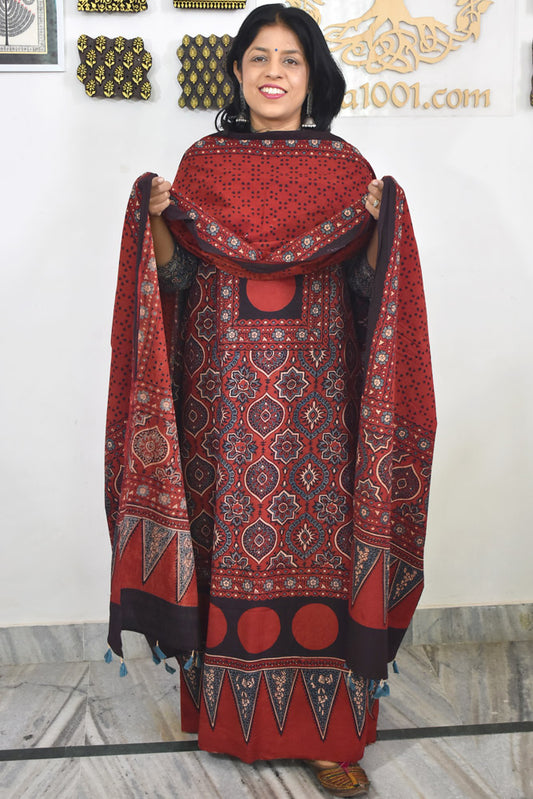 Block Print Ajrakh Cotton Suit with designer Ajrakh neck yoke /panel & Dupatta