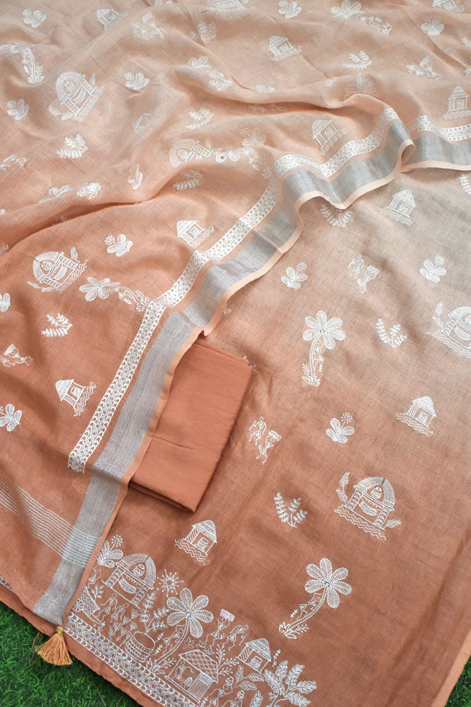 Beautiful Pure Linen suit with intricate embroidery on the kurta & dupatta and cotton silk bottom