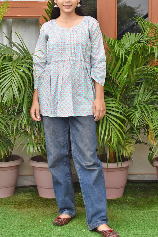 Elegant Soft Cotton Short top / Kurta with pleats Size - 36, 38, 40,