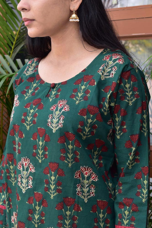 Hand Block Print Cotton Kurta with pitta work Size - 38, 40, 42, 44