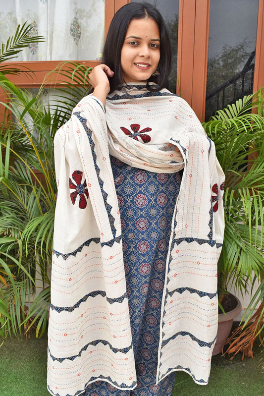 Beautiful Ajrakh Cotton Kurta fabric with Heavy Embroidery & Applique Work dupatta