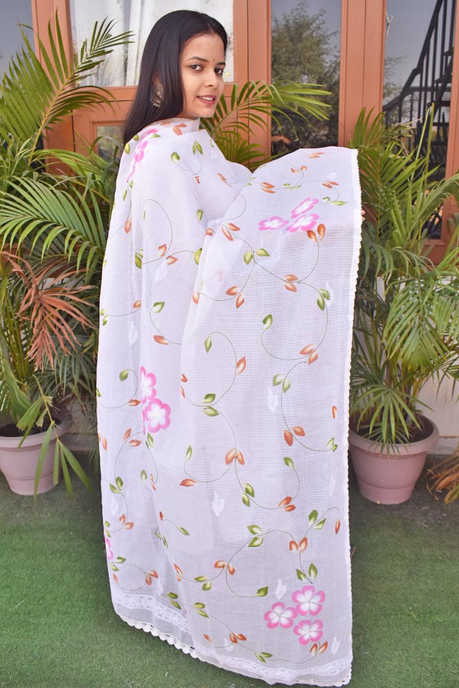 Kota Cotton Dupatta with Hand Paint, Hand Chikankari embroidery & crochet borders on all sides