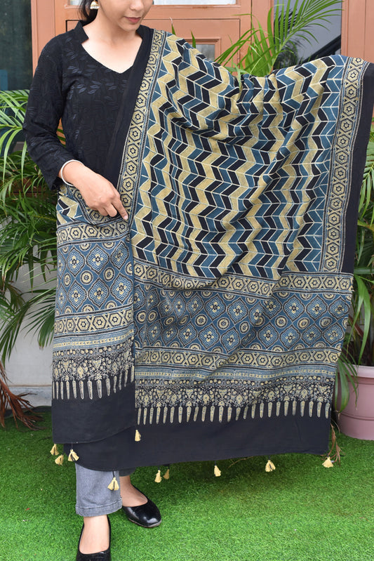 Ajrakh Hand Block Printed Cotton Dupatta with Tassels with natural dyes