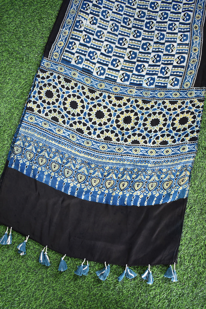 Beautiful Hand Block Printed Ajrakh Modal Silk stole with Tassels