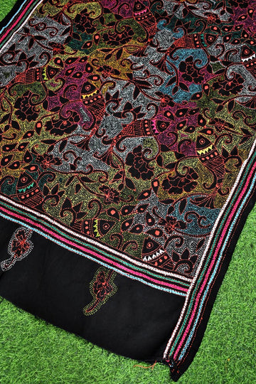 Brown - Handloom Cotton Bengal Hand Kantha Work Dupatta 08