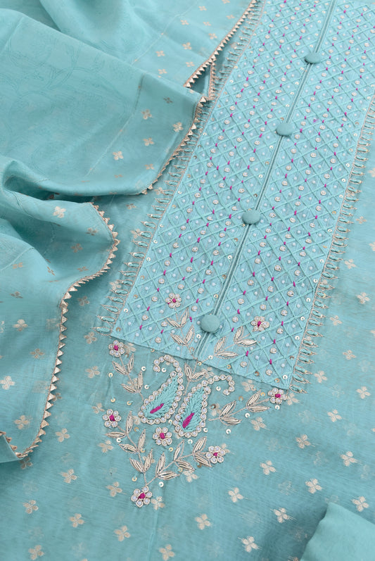 Beautiful Banarasi Chanderi unstitched suit fabric with Woven bootis, Hand embroidery & chanderi dupatta with stitched border Dupatta