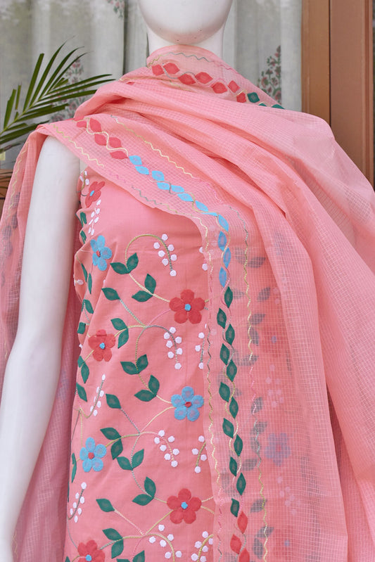 Elegant Cotton Unstitched Suit with Hand done Phool patti work