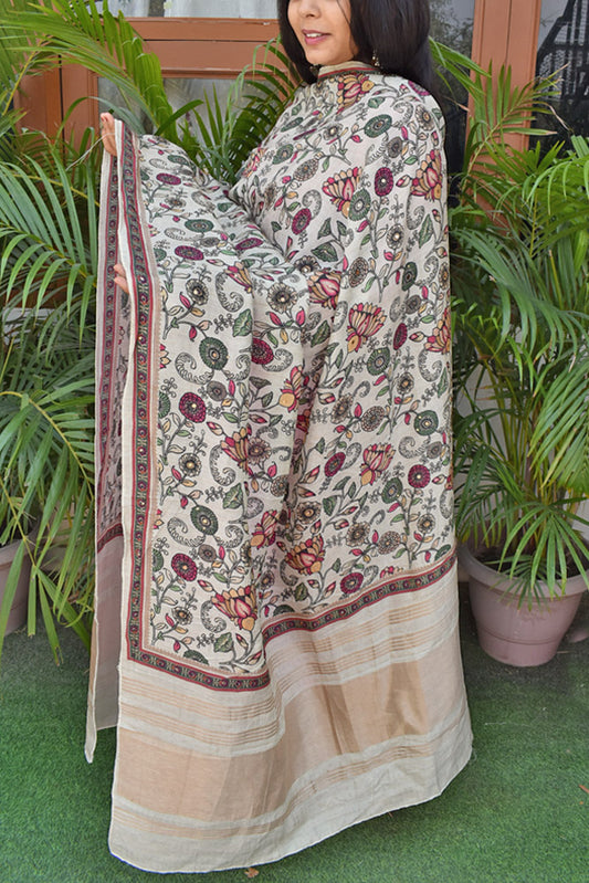 Beautiful Blended silk cotton dupatta with Kalamkari inpired motif and Zari palla