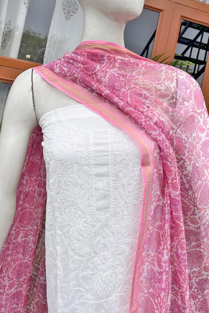 Beautiful Cotton Unstitched Suit Fabric with Chikankari kurta & Kota Doria Dupatta