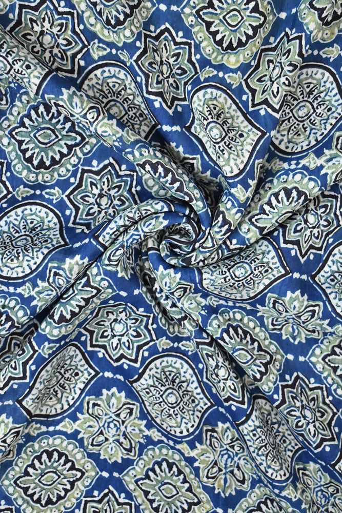 Beautiful Ajrakh Dola Silk Hand Block Print Fabric - 3 mtrs cut