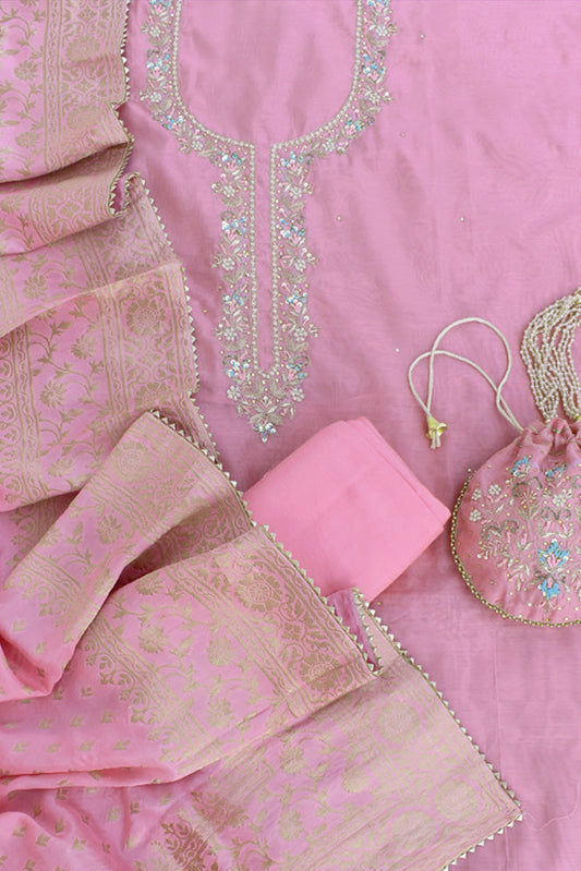 Beautiful Chanderi unstitched suit fabric with Banarasi Dupatta & Matching Potli bag