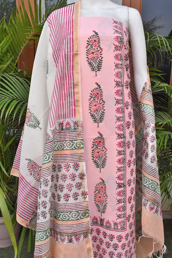 Hand Block Placement Print Cotton suit with Chanderi dupatta and panel design