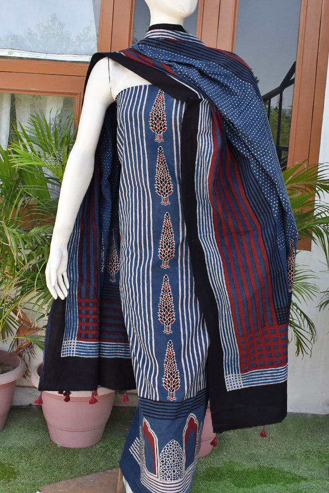 Hand Block Print Ajrakh Cotton Suit with designer Ajrakh neck yoke pattern