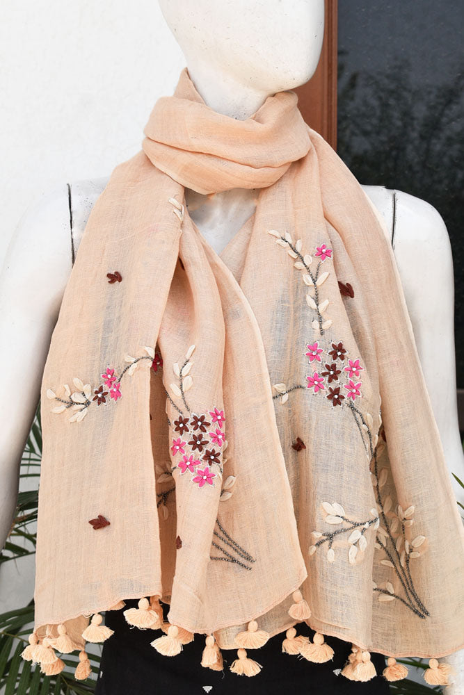 Beautiful Linen Stole with hand embroidery, embellishments & tassels