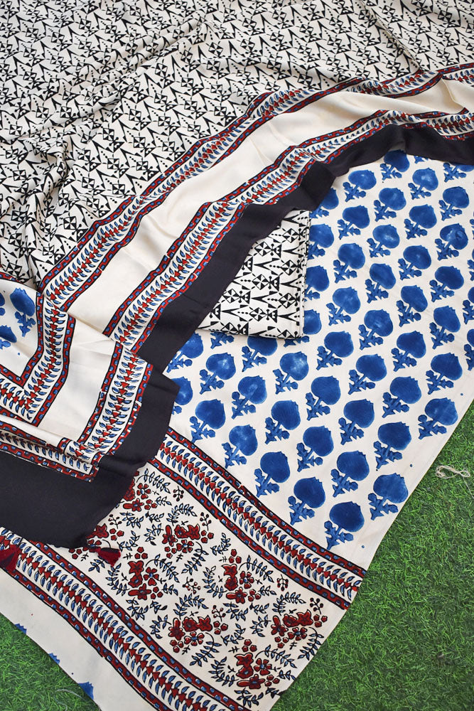 Designer Ajrakh Modal Silk Unstitched suit with  panel design, Ajrakh Dupatta & Bottom- 3 piece set