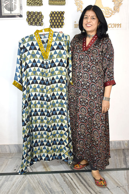 Beautiful Ajrakh Modal Silk Kurta with Kutch Mirror Work size - 38 - 44