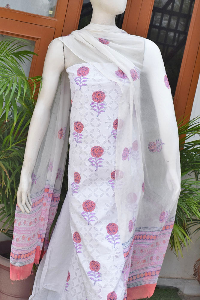 Hand Block Printed Cotton Suit with Hand applique work & chiffon dupatta
