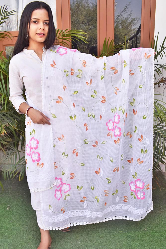 Kota Cotton Dupatta with Hand Paint, Hand Chikankari embroidery & crochet borders on all sides