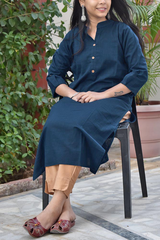 Beautiful  Cotton Kurta with one side pocket  size - 38 to 48 - indigo blue