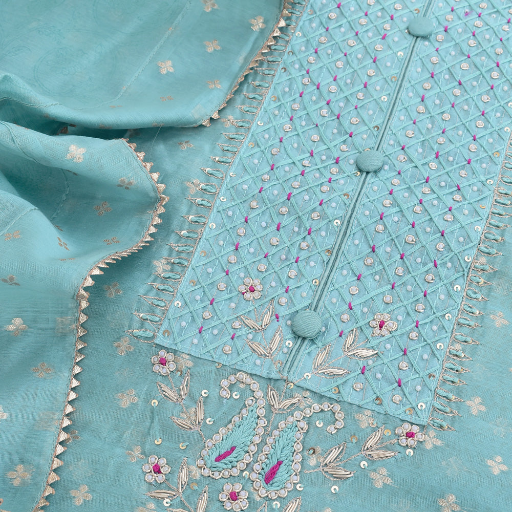 Beautiful Banarasi Chanderi unstitched suit fabric with Woven bootis, Hand embroidery & chanderi dupatta with stitched border Dupatta
