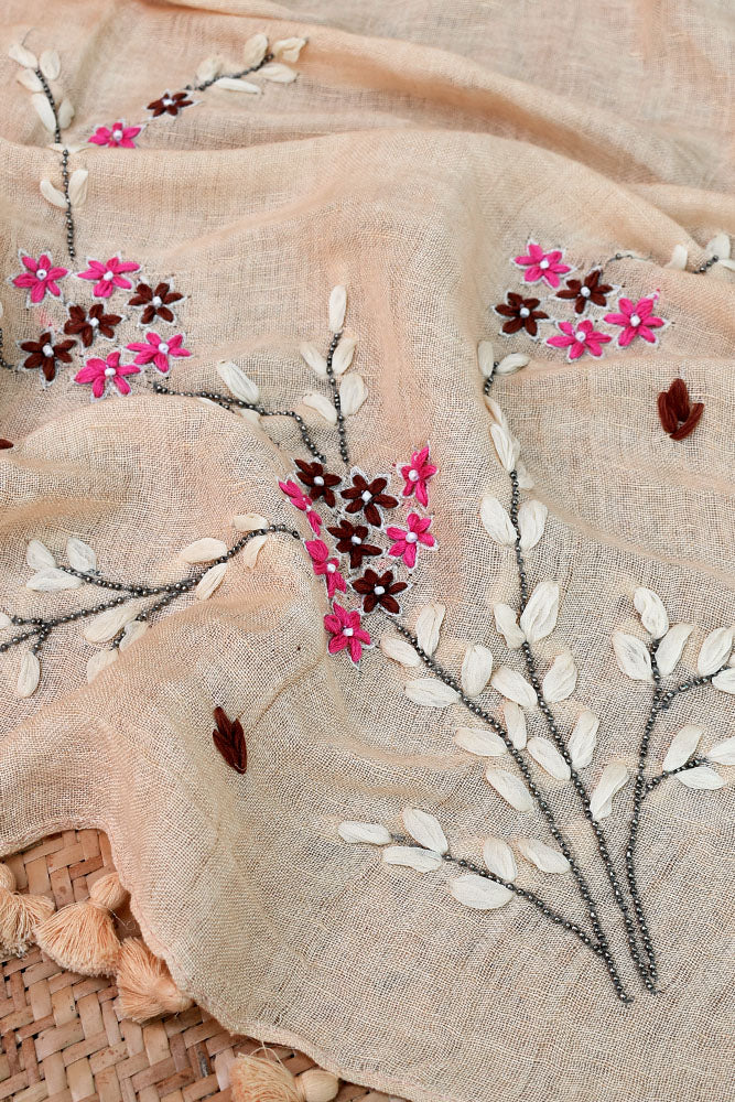 Beautiful Linen Stole with hand embroidery, embellishments & tassels