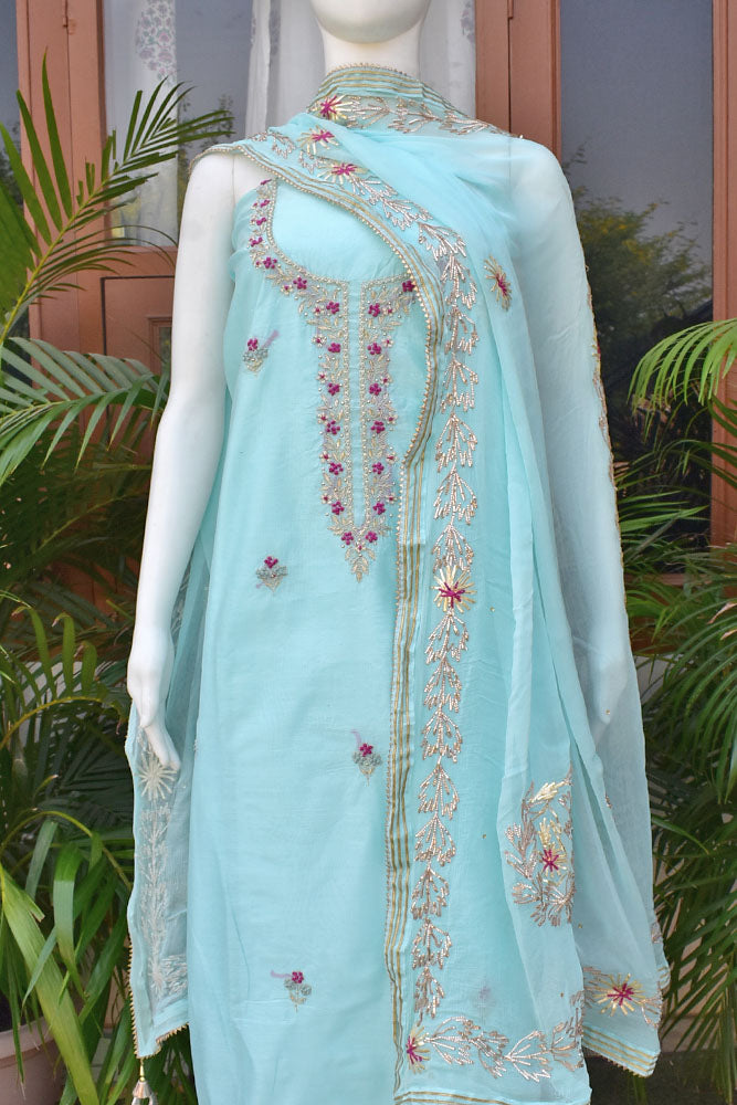 Beautiful Chanderi unstitched suit fabric with Chiffon Dupatta with Gota Work & Matching Potli bag