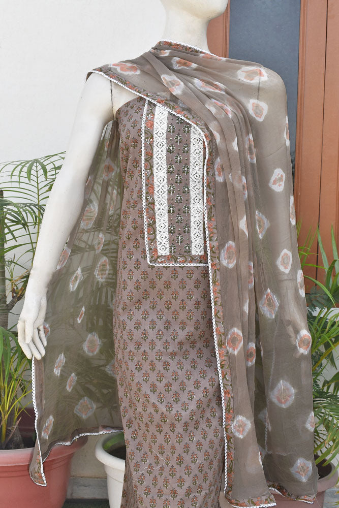 Beautiful Cotton Suit with Schiffli work Lace , Hand painted motifs & Hand Embroidery