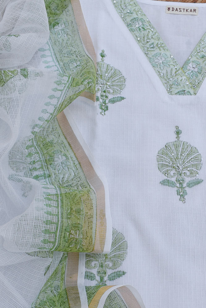 Premium Semi stitched Kota Doria Unstitched suit with Hand Block Print & Hand Embroidery