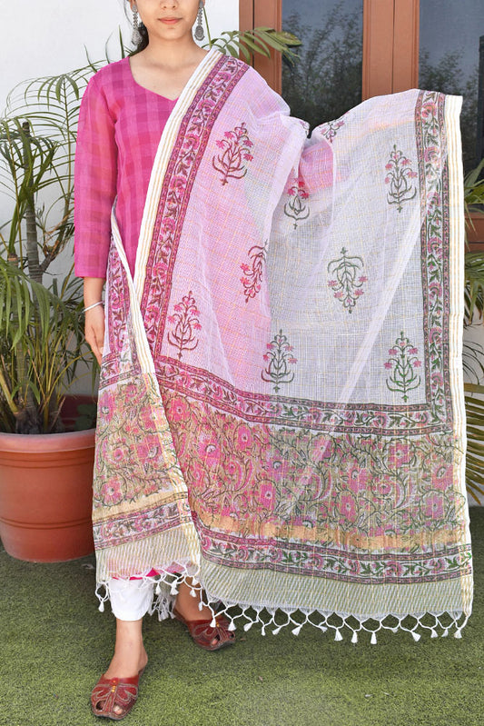 Beautiful Hand Block Printed Kota Doria Dupatta with zari checks and zari border