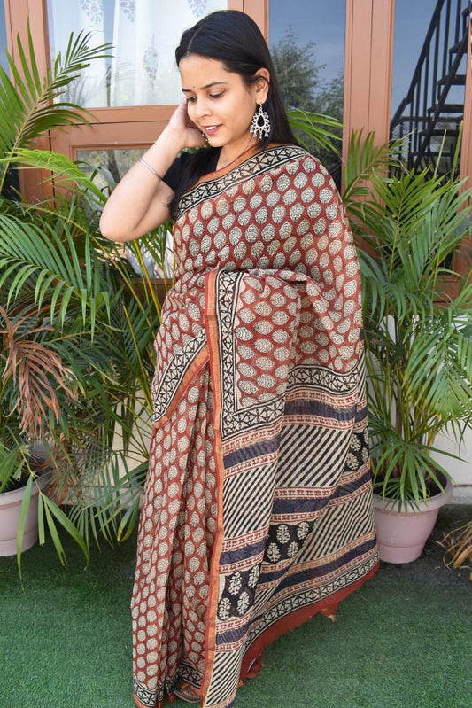 Beautiful Hand Block Printed Kota cotton Saree with zari border