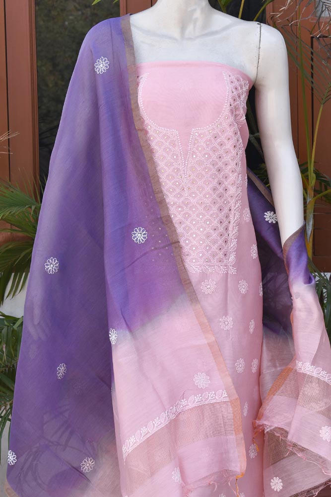 Elegant Chanderi  Kurta & Tie & Dye Dupatta Set with Chikankari Embroidery & Muqaish work