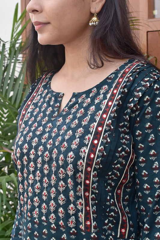 Hand Block Print Cotton Kurta with pitta work Size - 38, 40, 42, 44