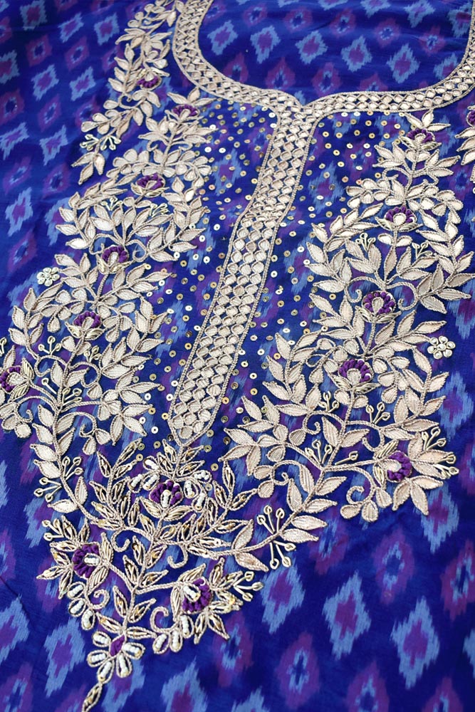 Elegant Handwoven Ikkat Silk Cotton Fabric with Hand Embroidery ( 2.5 mtrs)