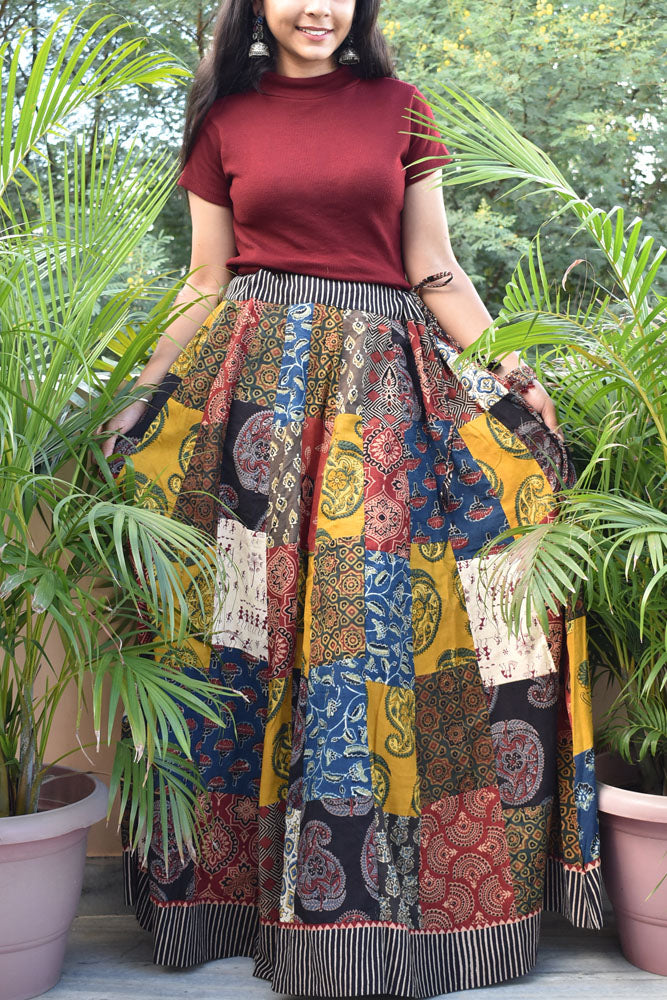 Beautiful Ajrakh Hand Block Printed Patch Work Cotton Long Skirt with Stitched borders