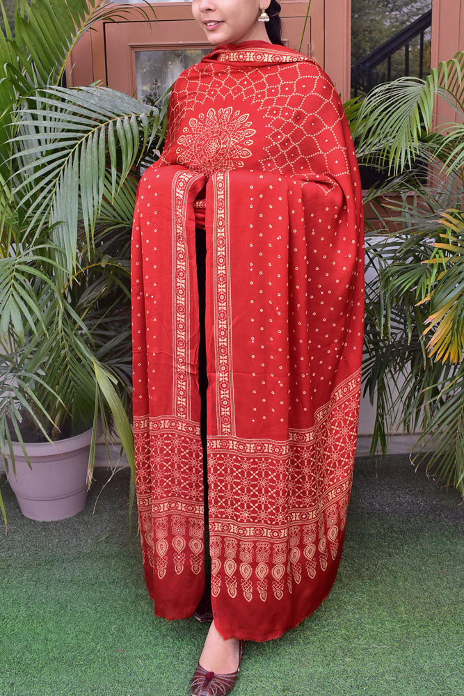 Elegant Modal Silk Dupatta with  Bandhani Print & Foil Mirror Work