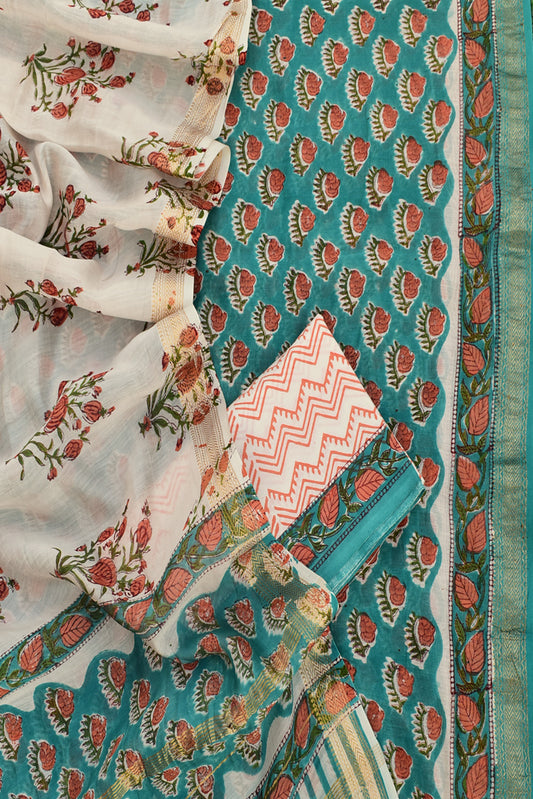 Elegant Sanganer Hand Block Printed Maheshwari Unstitched suit fabric