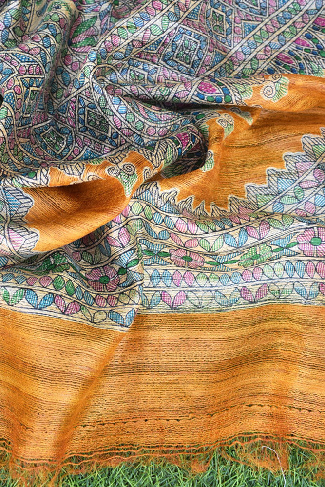 Geecha Silk Dupatta with printed Madhubani patterns