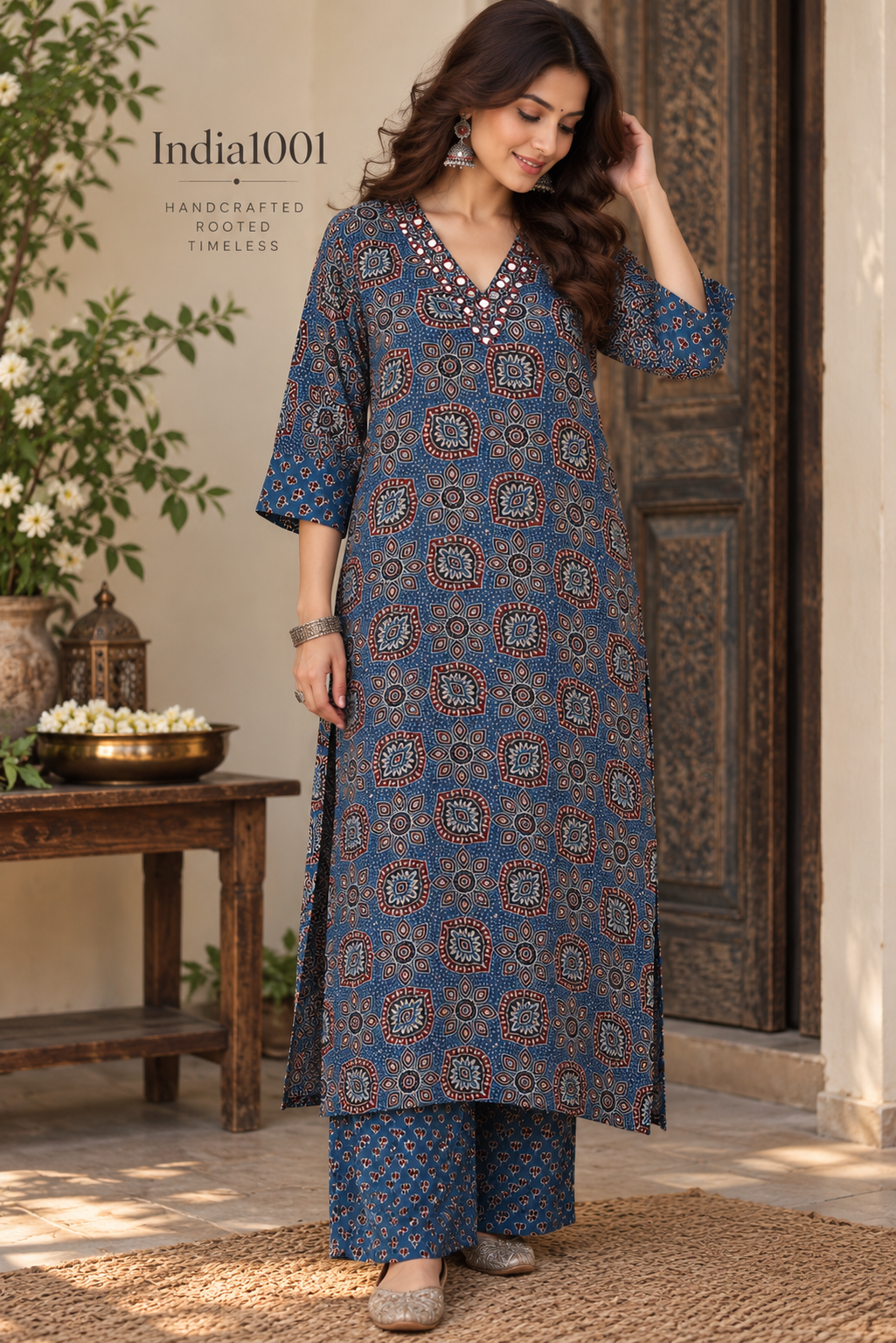 Designer Ajrakh Modal Silk Kurta & Pant With Mirror Work - Size 40 to 46 ( all sizes)