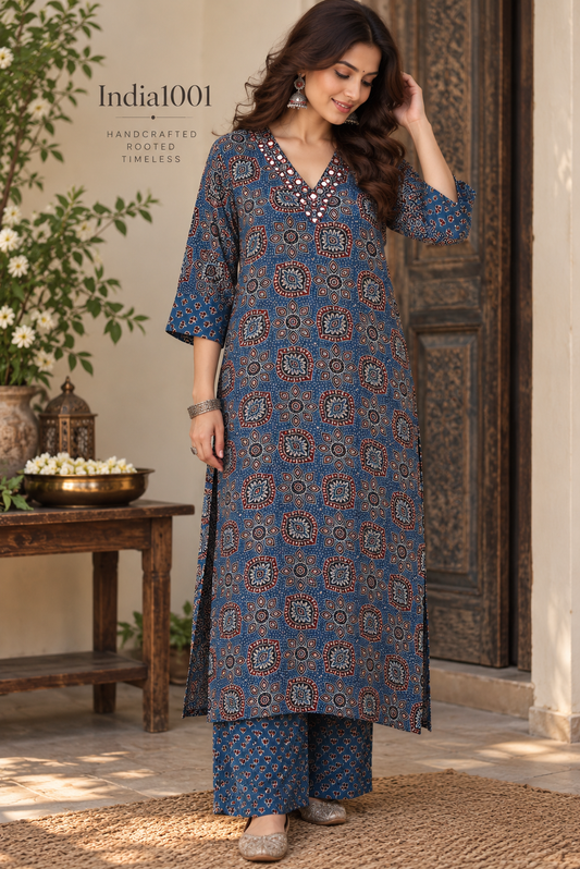 Designer Ajrakh Modal Silk Kurta & Pant With Mirror Work - Size 40 to 46 ( all sizes)