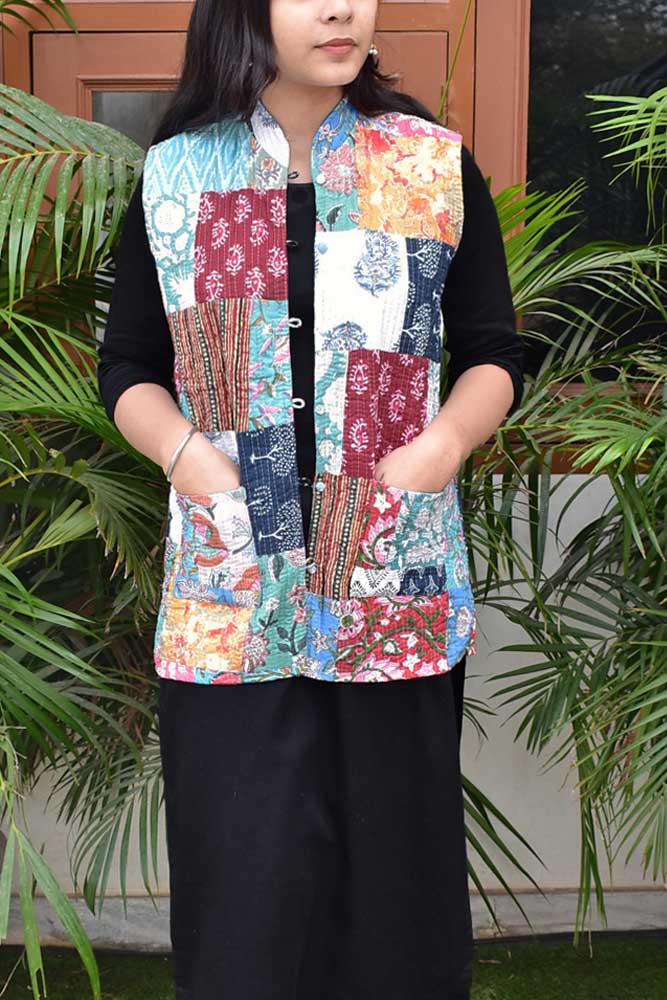 Patch Work Block Print Quilted Reversible cotton jacket - Size 38, 40, 42, 44