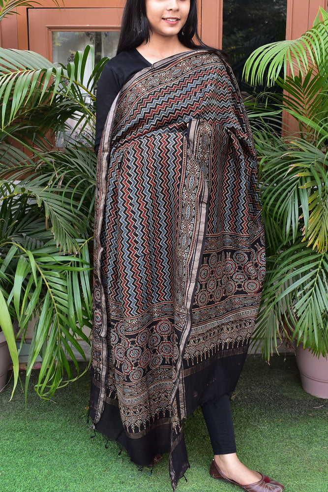 Elegant Ajrakh Hand Block Print Chanderi Dupatta