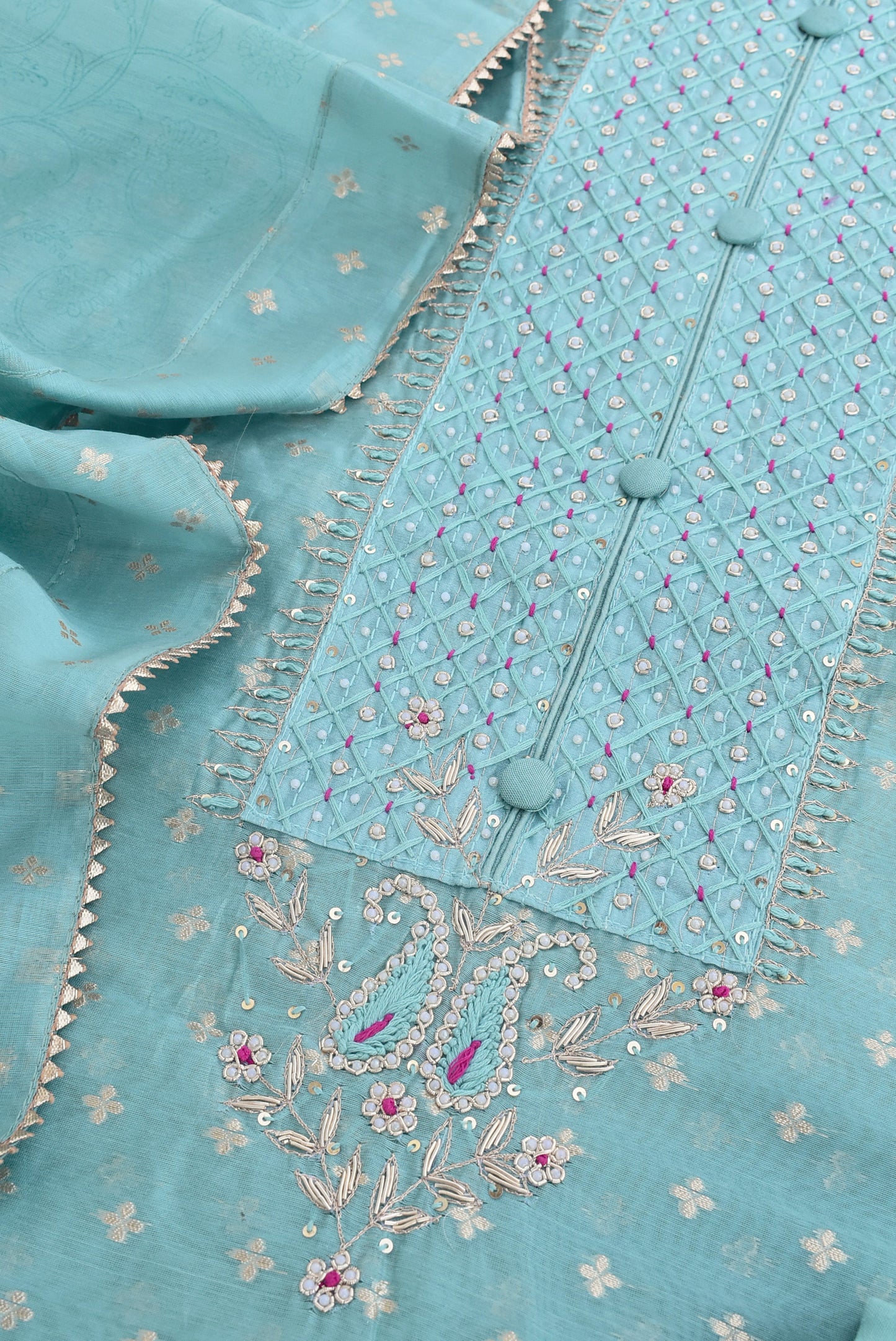 Beautiful Banarasi Chanderi unstitched suit fabric with Woven bootis, Hand embroidery & chanderi dupatta with stitched border Dupatta