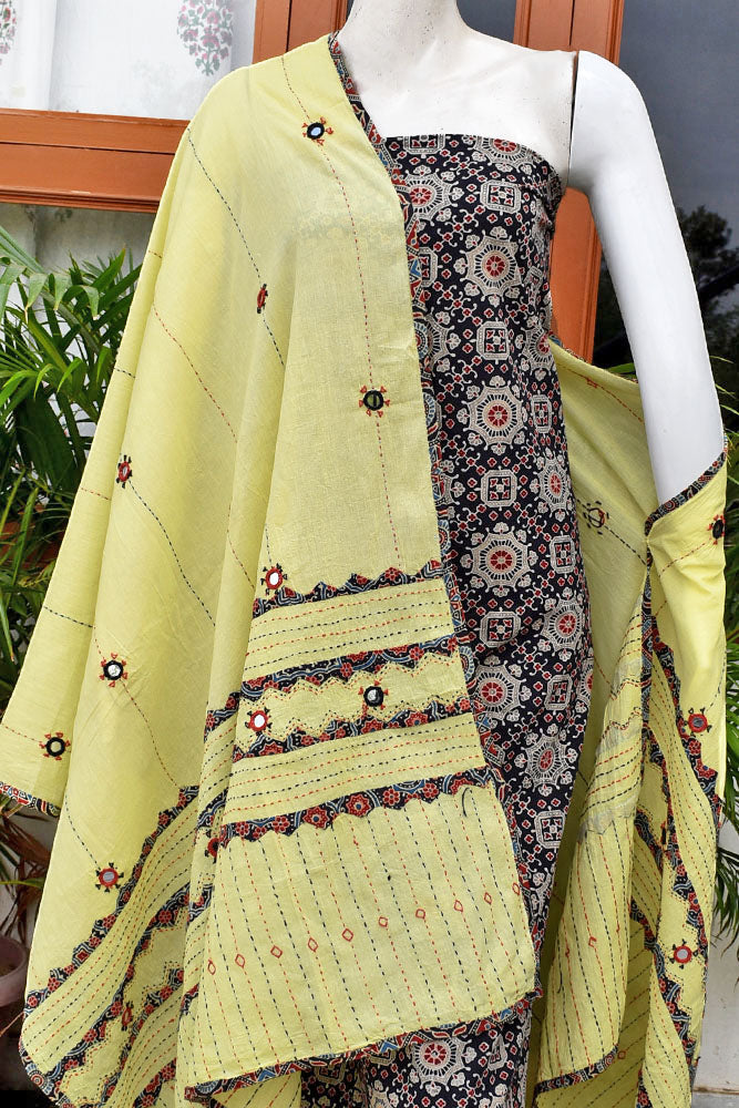 Beautiful Ajrakh Cotton Unstitched Suit with Real Mirror, Kantha & Applique Work dupatta