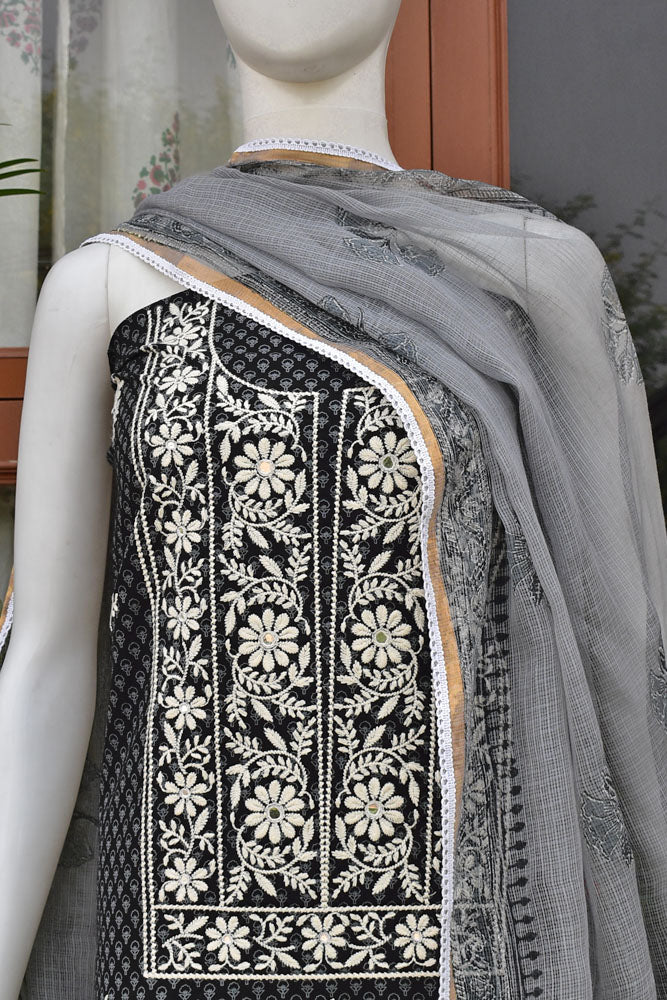 Beautiful Cotton Unstitched Suit Fabric with Embroidery work, Lace Detailing, Schiffli work bottom & & Kota Dupatta dupatta