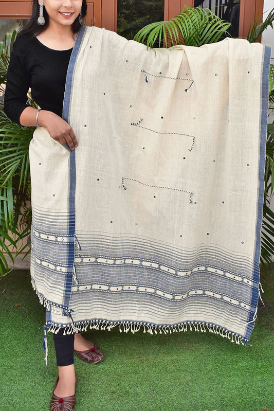 Elegant Handwoven Organic Kala Cotton Bhujodi Dupatta with Mirror , Miri Work and Tassels