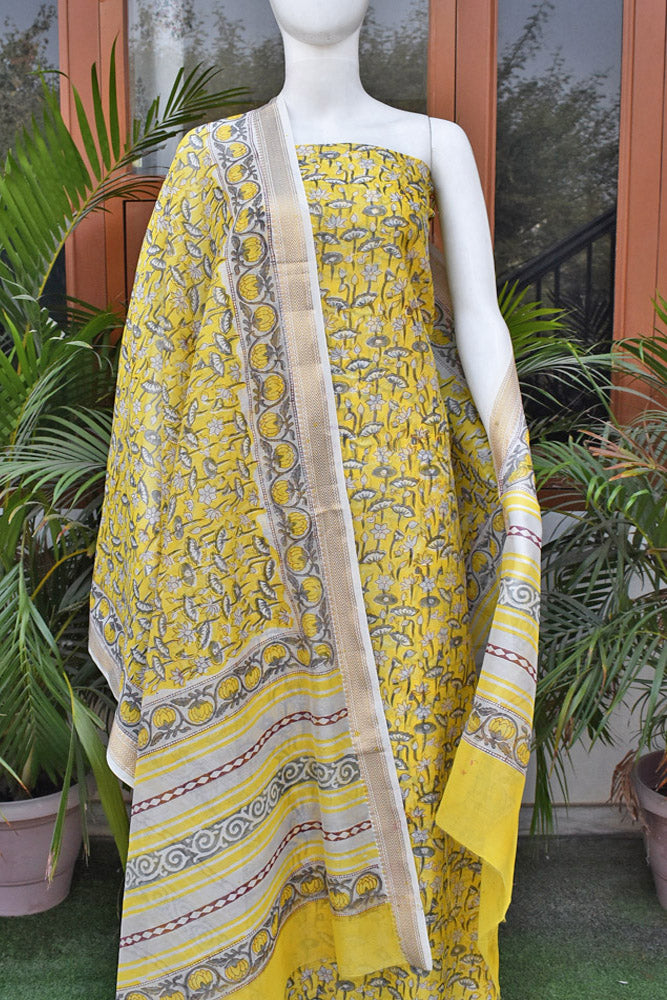 Beautiful Hand Block Printed Maheshwari Silk Cotton Unstitched suit fabric - 3 pc set