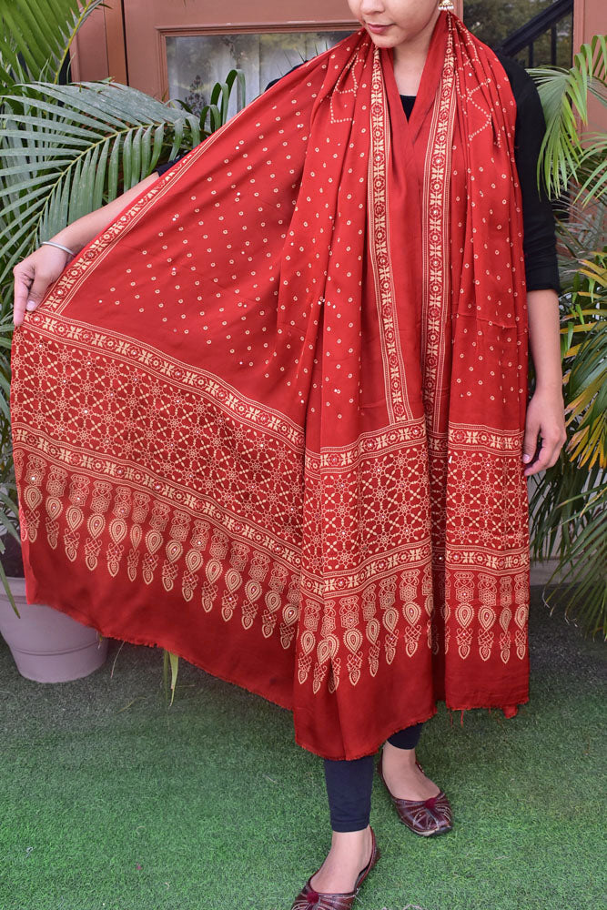 Elegant Modal Silk Dupatta with  Bandhani Print & Foil Mirror Work